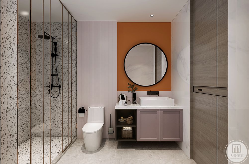 淡粉色的小砖以及橙色的大砖，使空间的色彩分明