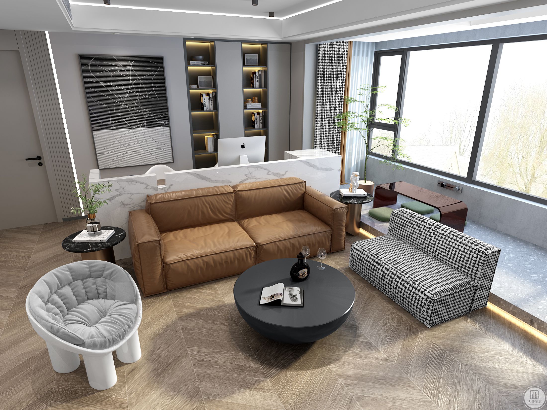 长沙发+单椅的选择能够容纳多人，打破以往的客厅功能区布局，增加使用面积，更满足一家人的沟通氛围。