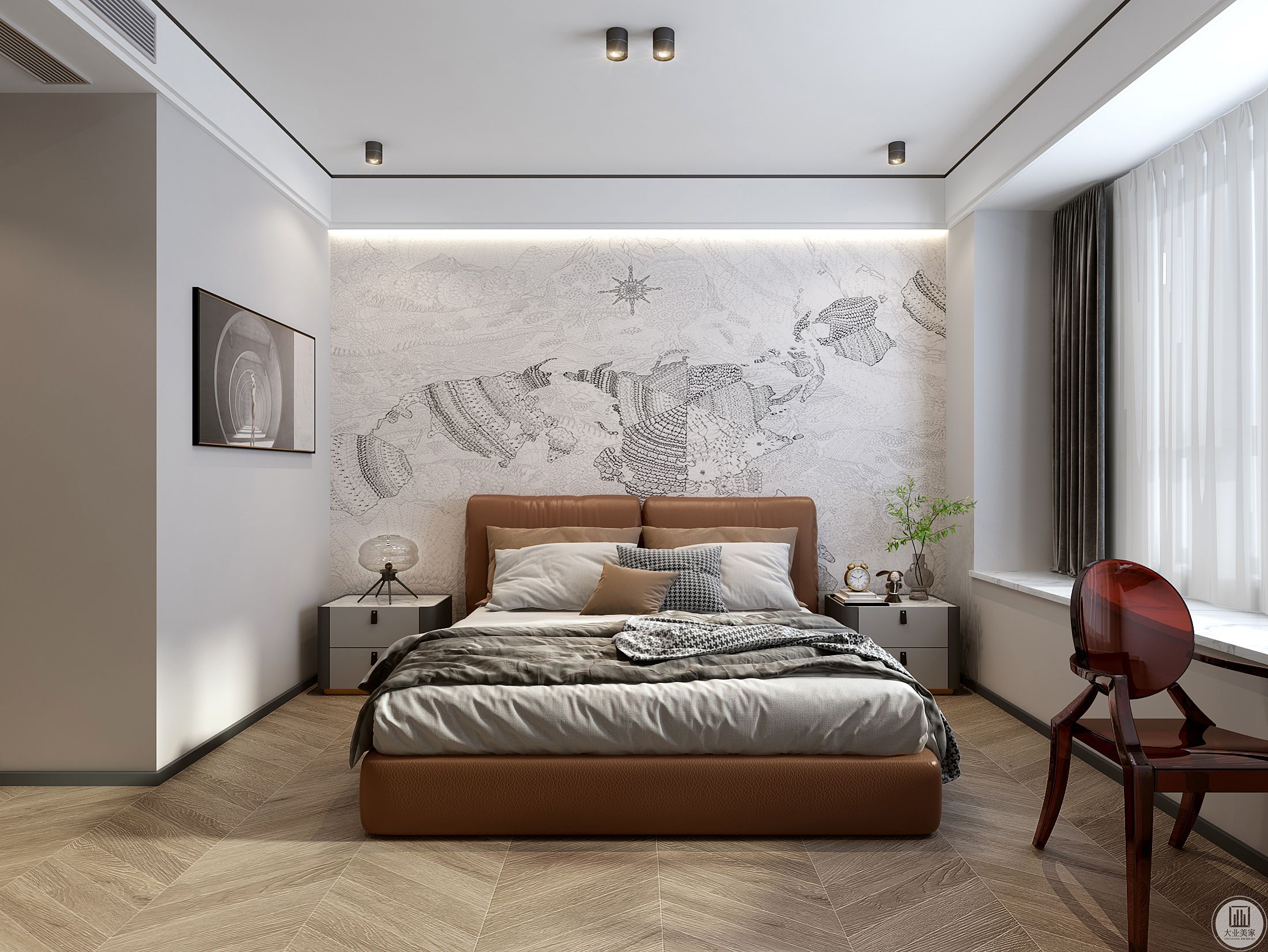 主卧的家具偏意式，背景墙采用了壁画，增加整体层次感。洗墙灯结合壁画为空间增加柔美感，精致简约。