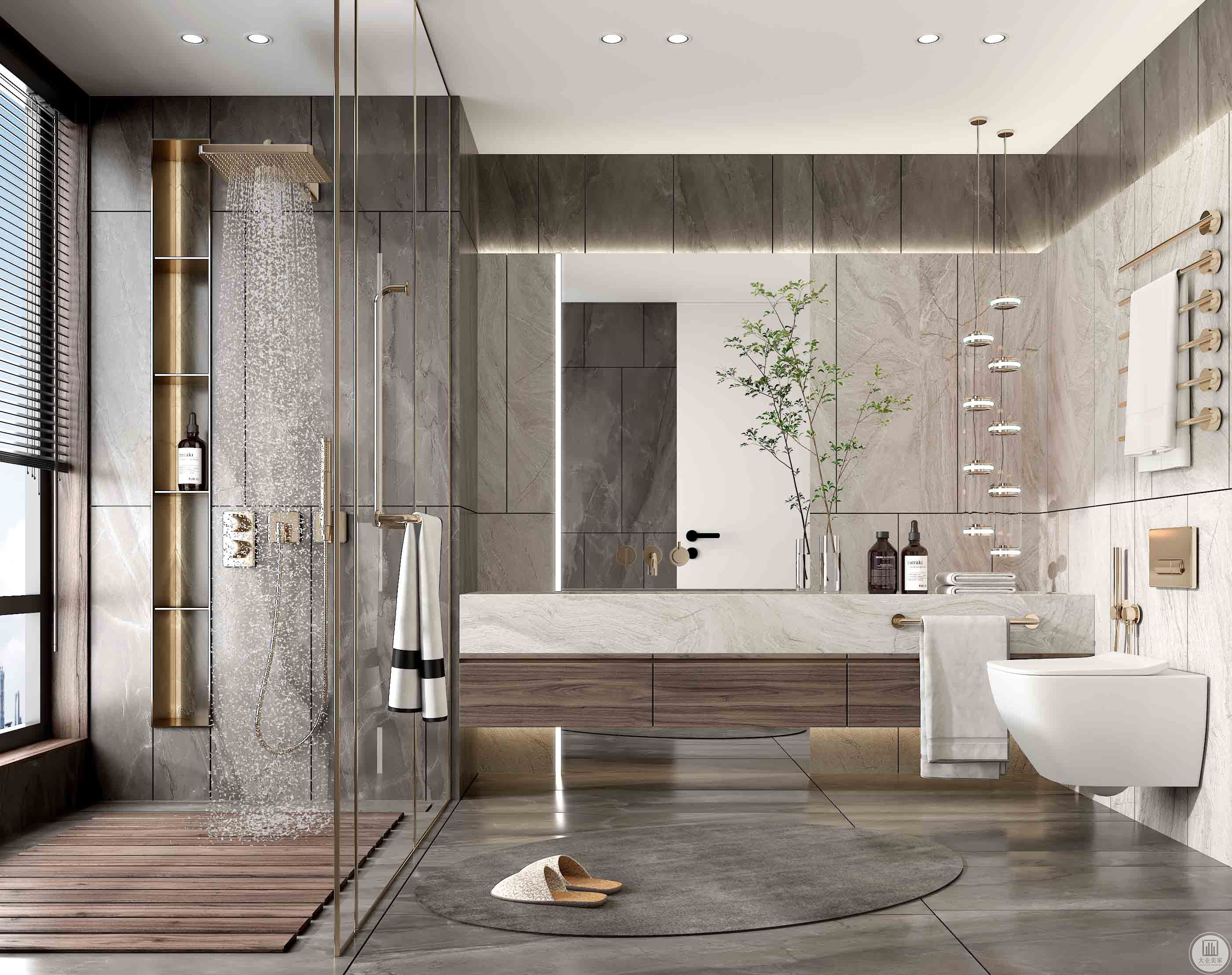卫生间深色系和浅色系的瓷砖相结合让空间更显层次感