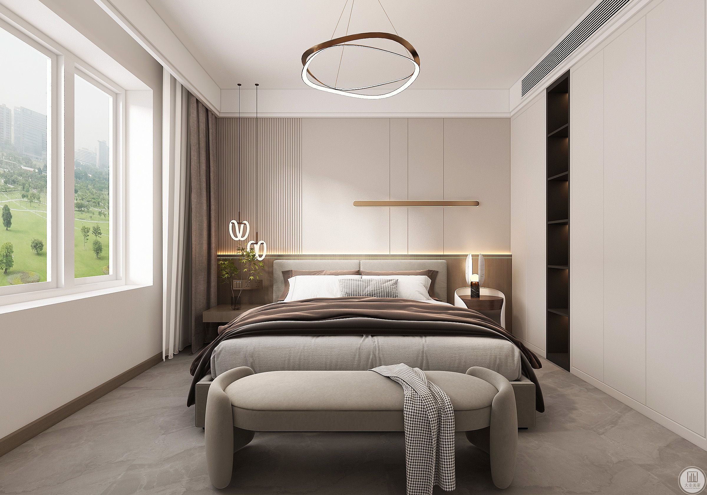 床头背景墙的线条与壁灯的搭配，让主卧空间的整体陈设简约而灵动