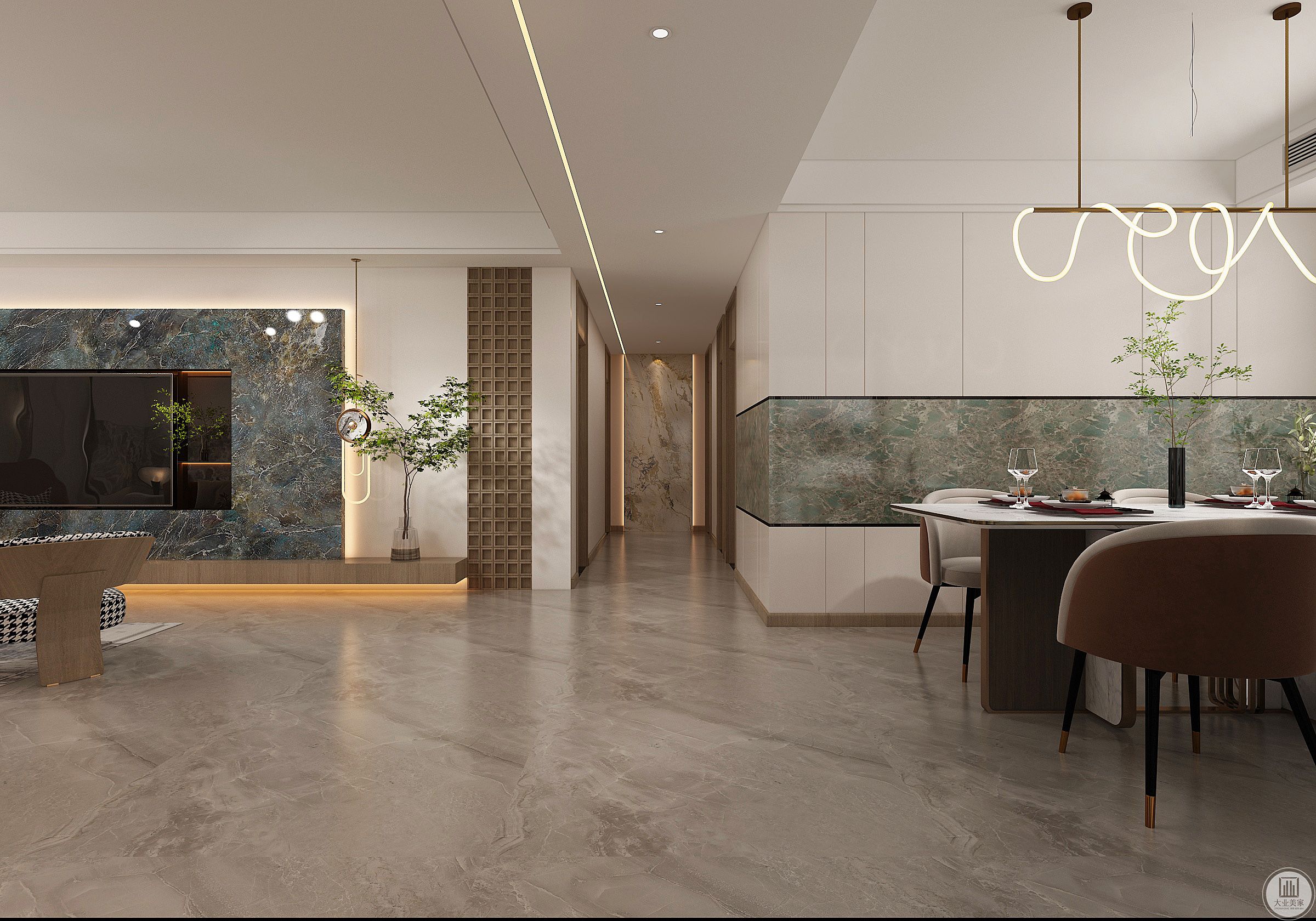 整个空间挂画、金属、石材、皮革、布艺、绿植混合在一起，佛罗伦萨最独特的气质融于空间，赋予经典与永恒之美。为客厅空间营造出大气、蓬勃的氛围