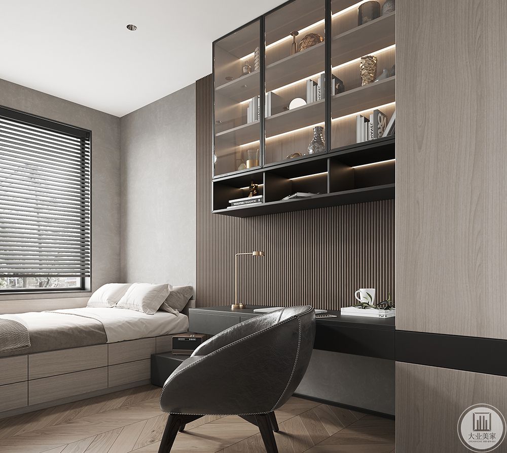 卧室中低饱和度的配色与木头朴实的质感，理性的线条，沉稳的调性，为空间带来带来视觉上的柔和，以及东方禅意的氛围感。