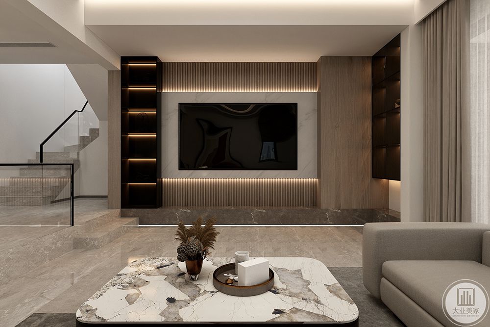 客厅中木纹与大理石材质的碰撞，展现出现代精致高端的生活态度。