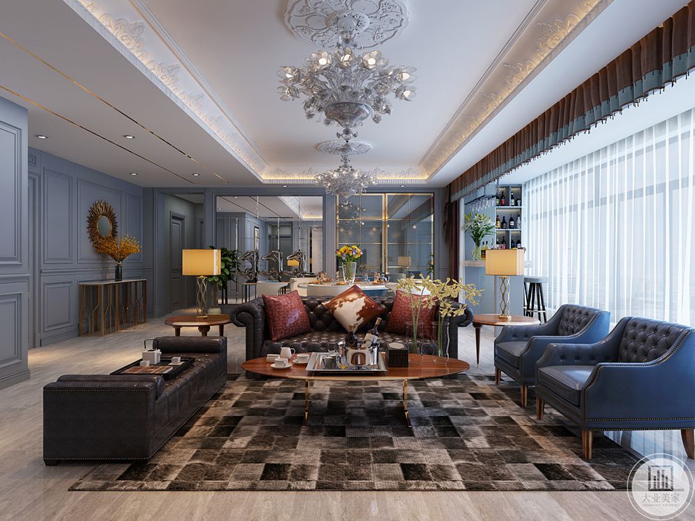 客厅的配色高级优雅，用料质感考究，线条柔美，装饰精细，永远代表法国人追求浪漫
