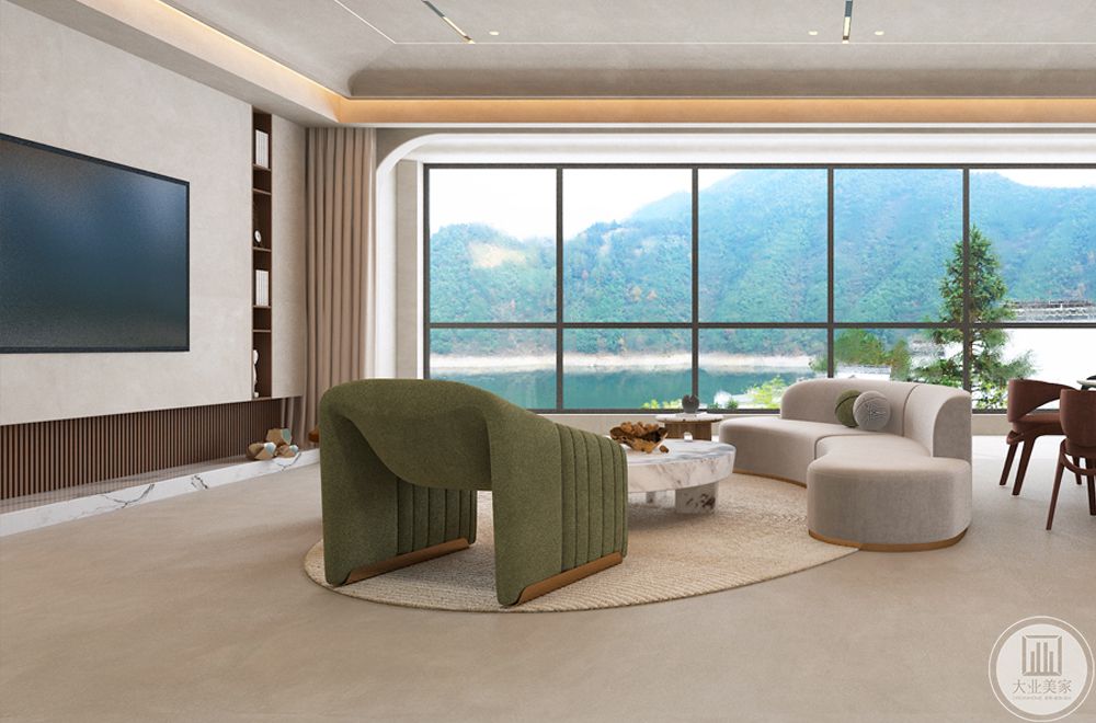 客厅休闲沙发配色以绿色点缀，呼应窗外景色，达到内外浑然天成一体