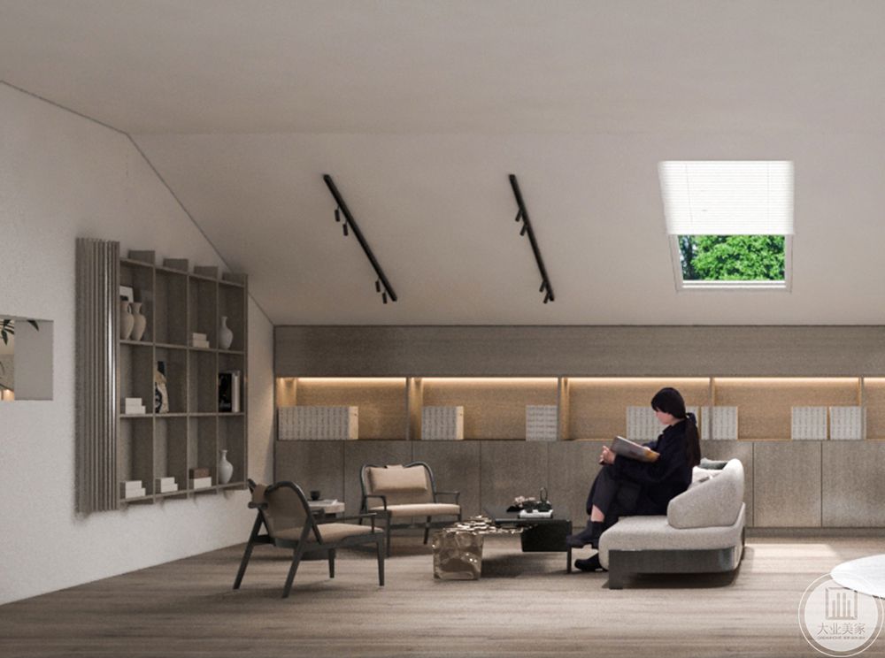 书房与茶室之间的墙体上有一个巧妙的设计，使两个空间和谐连贯