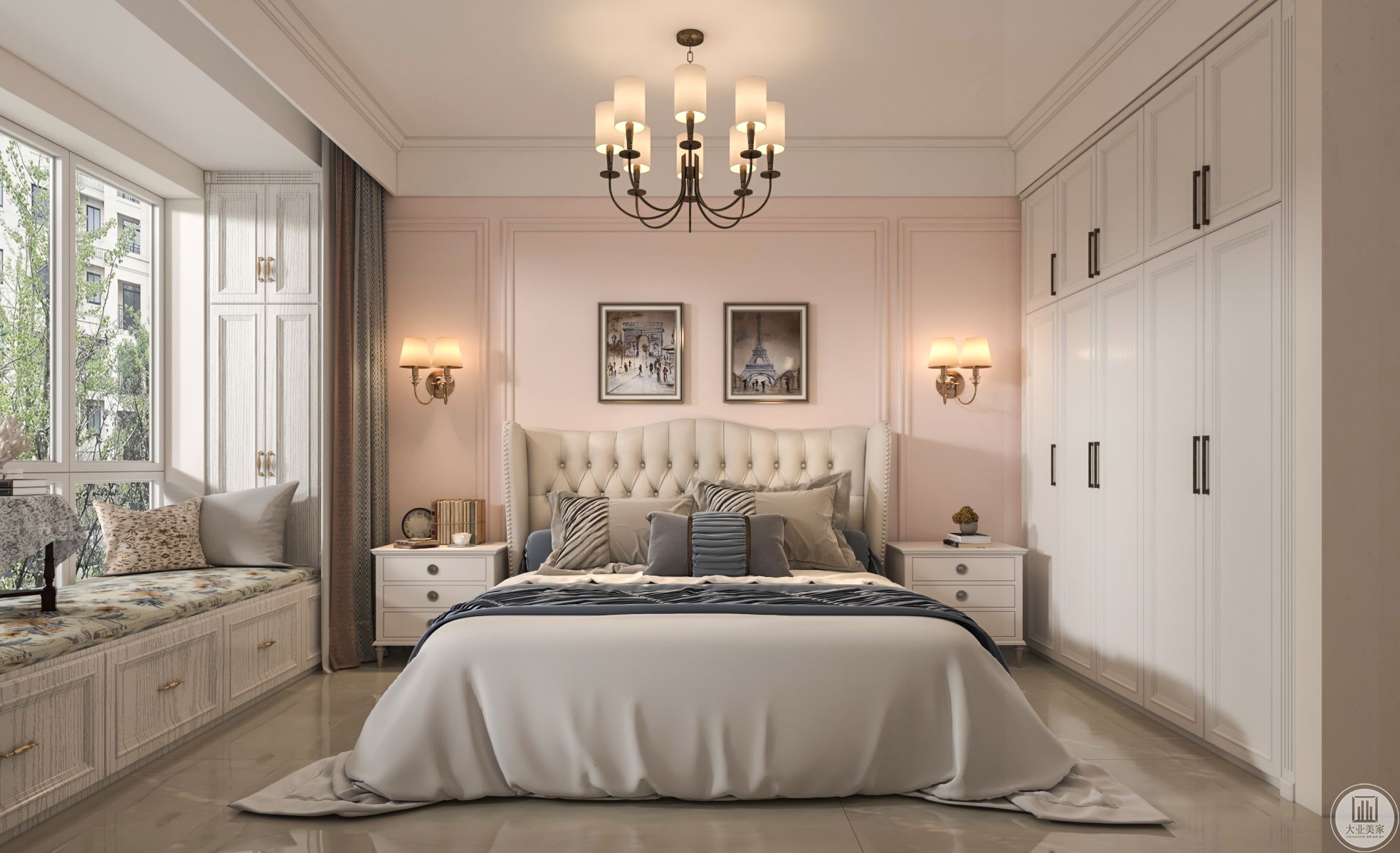 卧室作为主人的私密空间布置较为温馨，主要以功能性和实用舒适为考虑的重点，多用温馨柔软的成套布艺来装点。