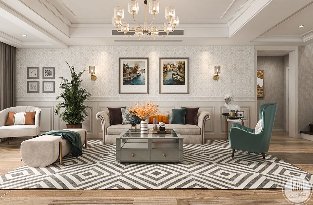 客厅大面积使用美式风格的花纹壁纸，配以绿植点缀