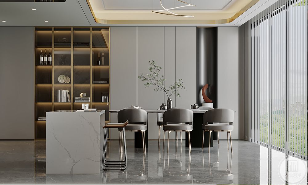 餐厅使用金属元素与灰色搭配，将空间的高级感营造出来