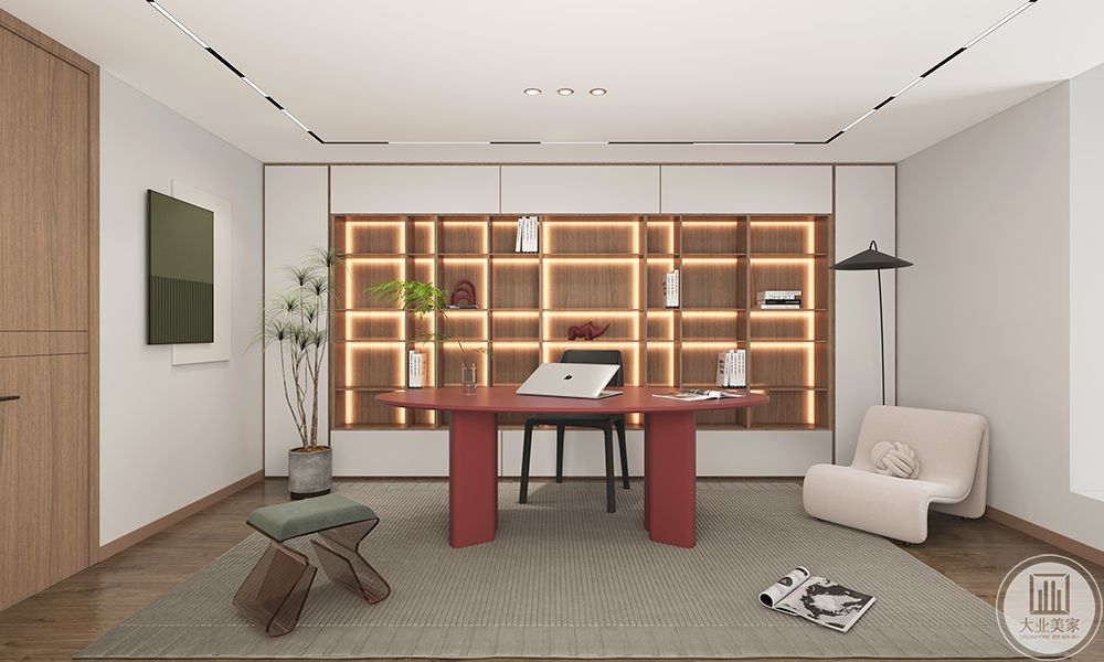 书房使用对比强烈的红绿色配色，别致的造型进行搭配