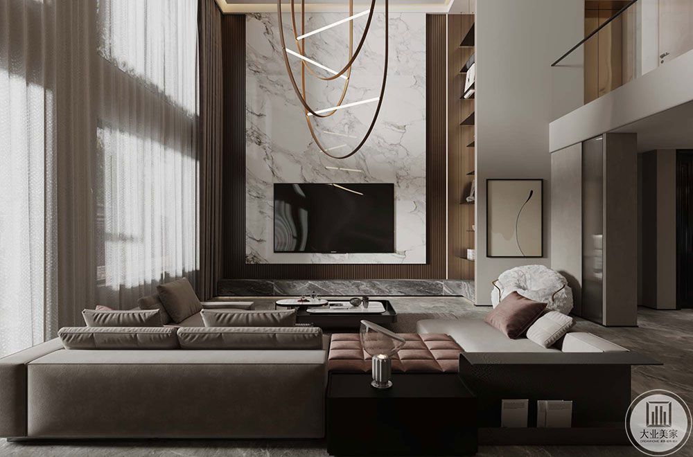 客厅挑空装饰现代风格吊灯，影视墙大面积的岩板饰面，凸显高级感