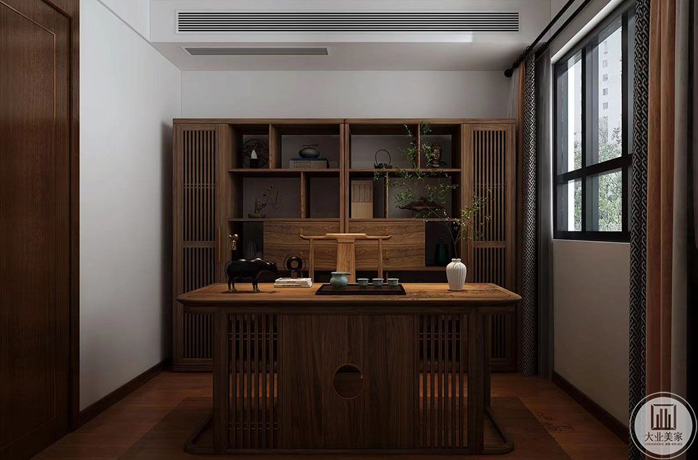 书房整体成品书柜，整体风格，木作颜色与客厅做到统一