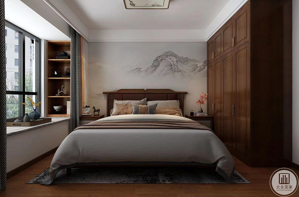 卧室空间简洁明了，整体风格，木作颜色与客厅做到统一