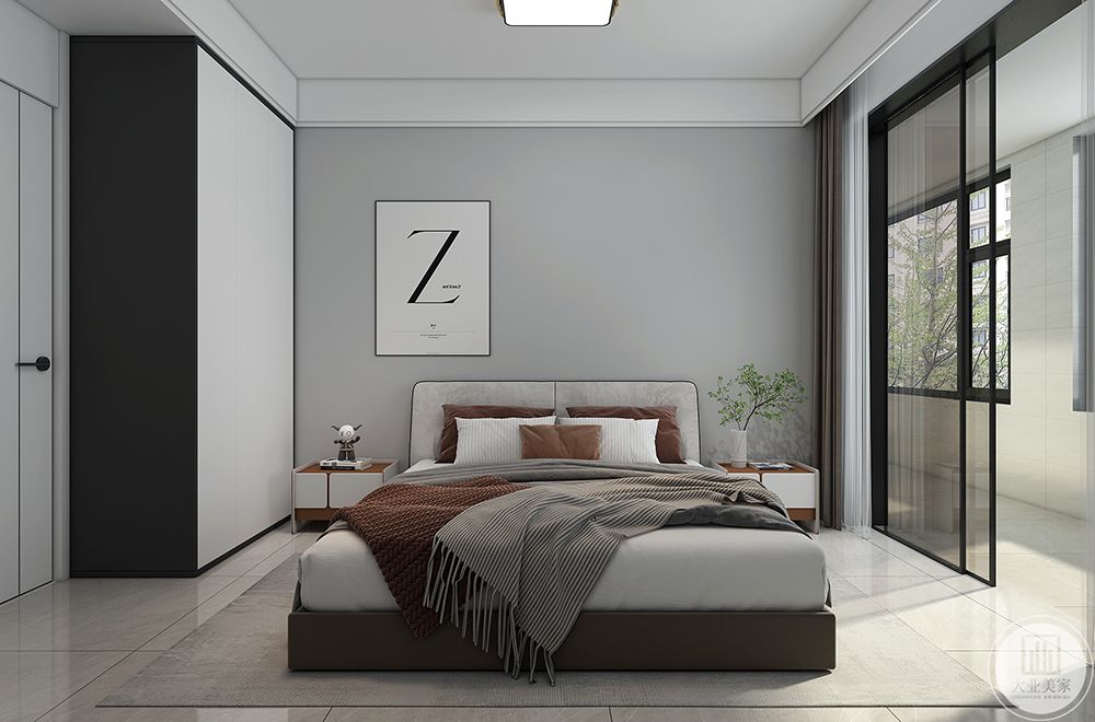 卧室比较简洁，整体风格，木作颜色与客厅做到统一