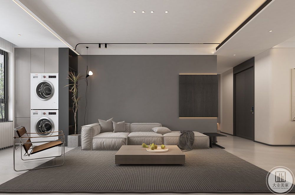 沙发背景墙整体灰色的墙面让空间显得更加简约纯粹，营造了视觉焦点