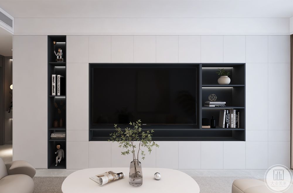 电视墙上叠加的造型延续线设计，于细微处彰显空间的精致调性。