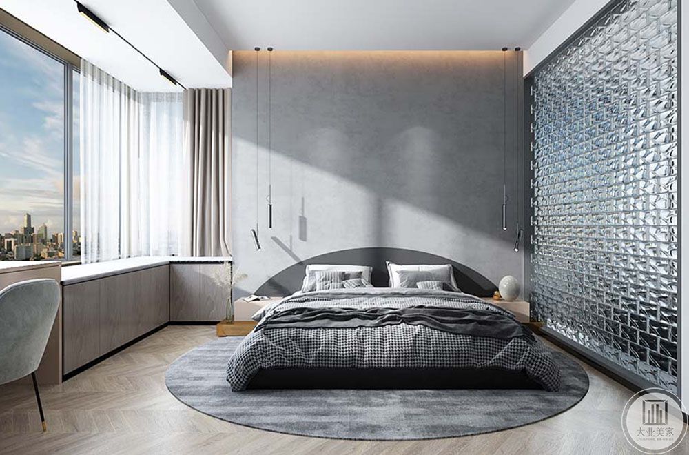床头墙面选用艺术漆，提升质感。隔断保护隐私，选用玻璃材质可以增加通透感。