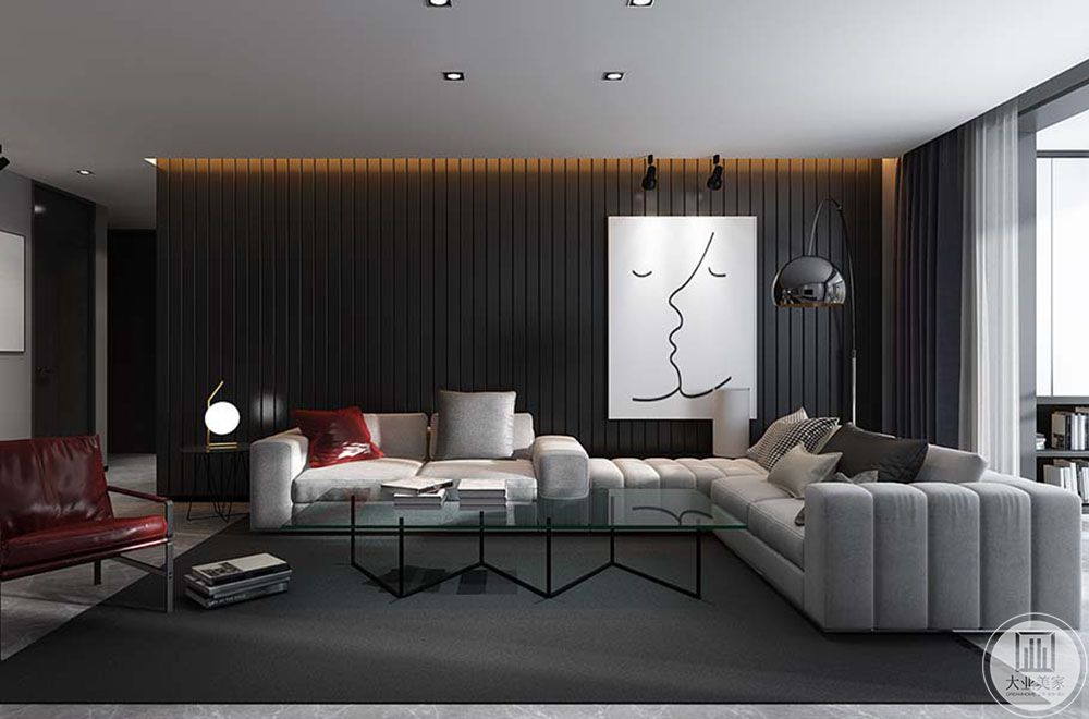 黑色金属感格栅沙发背景墙为客厅提升质感。红色作为点缀增加亮点