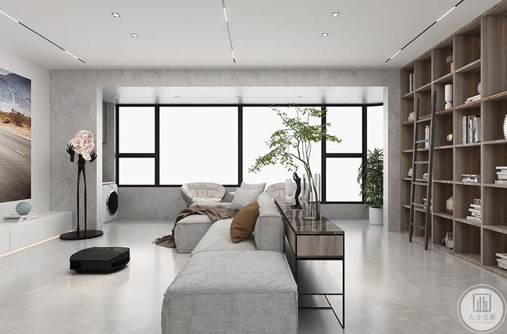 客厅线条简单打造简约造型，注重建筑内部结构美感。铁艺和木饰面材料增加空间搭配的质感