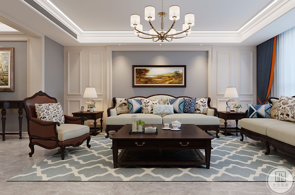 客厅采用比较经典的对称设计，让客厅显得端庄大气。颜色也是采用米白色墙板加上浅灰色壁布，让整个空间的的色调更有对比度。