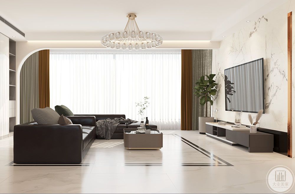 深色软装沙发压着整体浅色调不发飘，电视背景墙也运用了当下比较流行的岩板加金属板作为装饰，让简单的空间添加一些奢华。