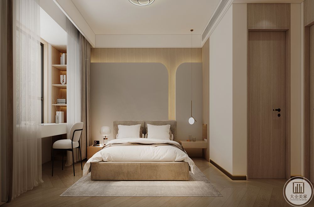 主卧的设计原木为主，原木给人带来温馨和舒适的感觉，更适合卧室的休息氛围