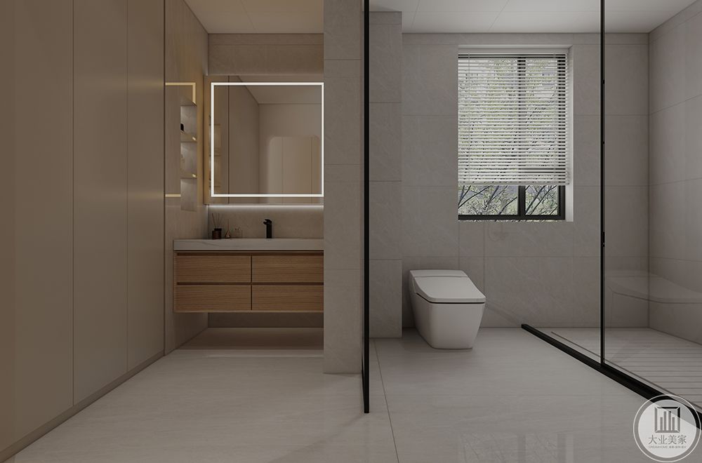 卫生间墙砖地砖色调统一，这样整个空间的感觉就十分的简洁，舒适。悬空的洗手台设计，让清洁卫生的时候更加方便