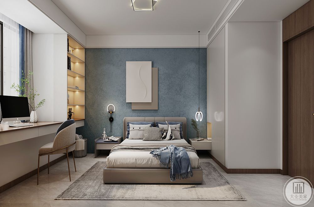 男孩房选择一个灰蓝色壁布与空间内的软装进行搭配，使整个空间更加协调舒适
