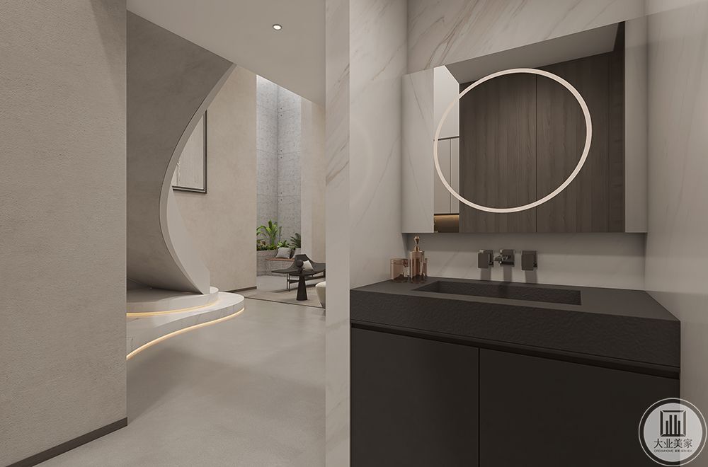 卫生间洗手台采用深色，墙面采用浅色，一深一浅增加空间感。