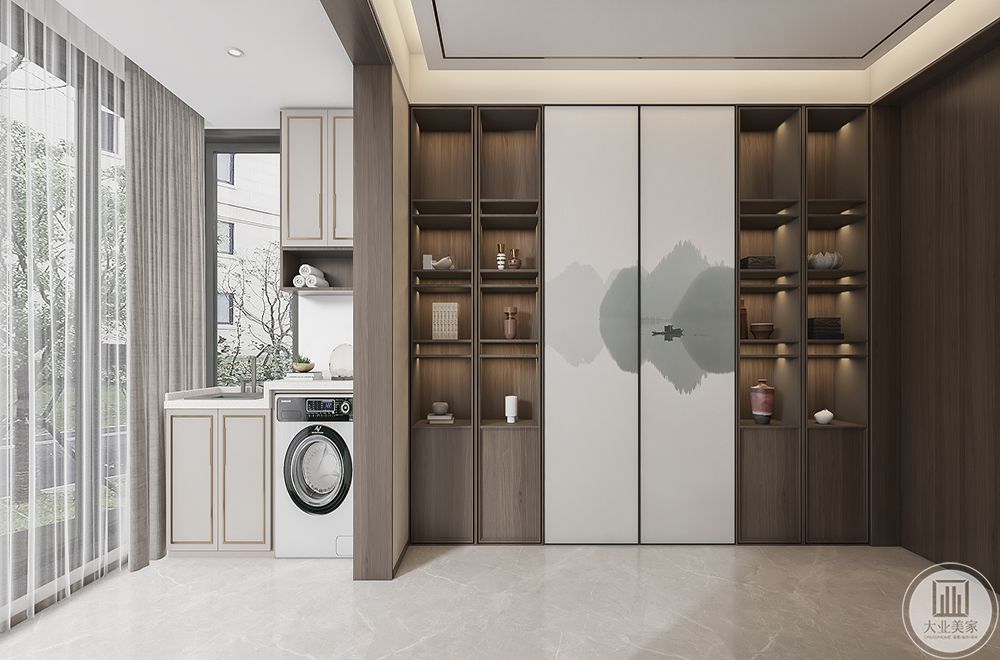 嵌入式洗衣机更美观，吊柜增加储物，使每一处空间得到合理的运用。