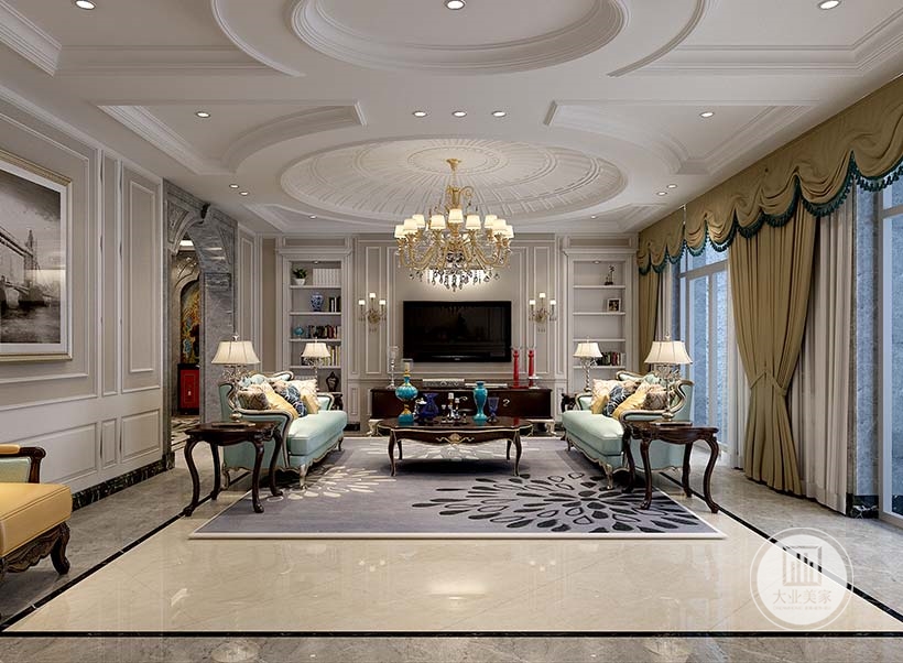 白色为主格调的家居装饰、温馨的软装布艺、古朴的地毯、华美的窗帘，整体的色彩装饰协调，家具上多以欧式风格的雕花、螺纹为主。