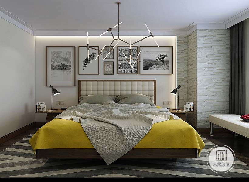 床头背景墙采用白色墙纸，墙面挂多幅欧式风景画、英文文章装饰，床的两侧采用极简风格的实木床头柜。