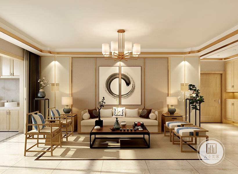 沙发背景墙采用浅色壁布的设计，墙面采用黑白装饰画，沙发采用浅色装饰，地面铺设白色瓷砖，搭配棕色地毯。