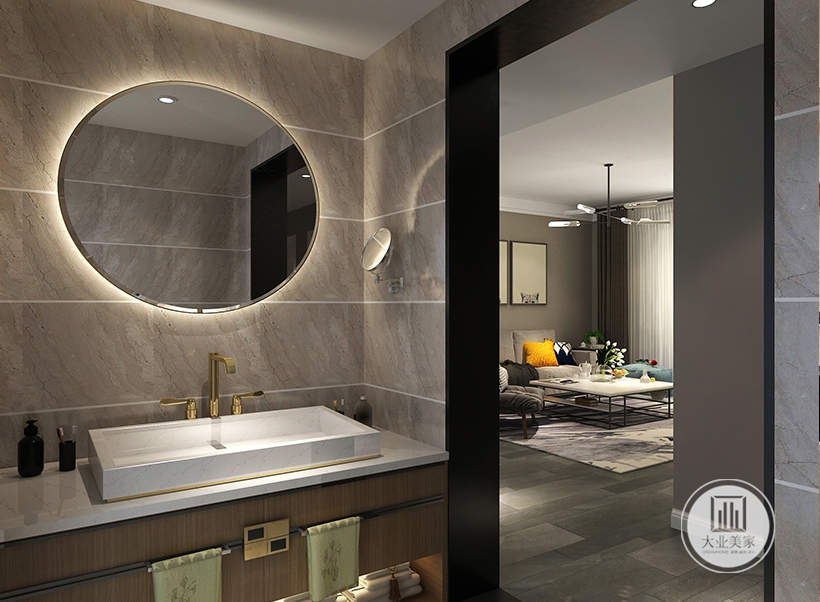 卫生间的墙面铺贴浅色花纹砖，洗手池采用白色瓷砖，镜面采用圆形的设计。