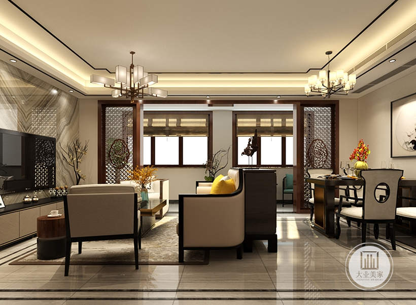 客厅餐厅融为一体，客厅和餐厅采用沙发和边柜区分。