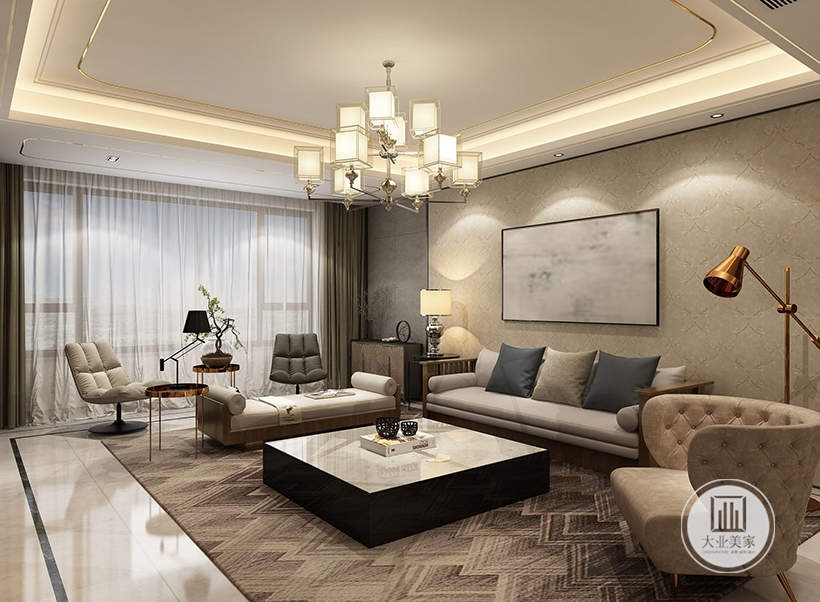 沙发墙采用浅黄色壁纸，墙面悬挂现代装饰画，沙发采用白色真皮沙发，搭配白色方形茶几。