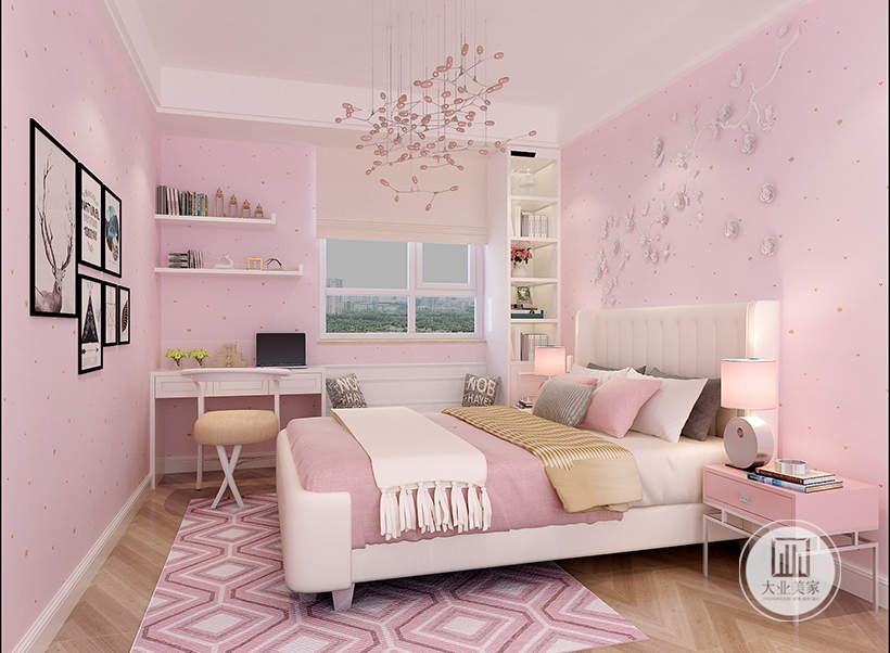 居室追求的是空间的实用性与灵活性，粉色系为主题的房间、格调温馨浪漫，白色书桌与同色系软装布艺，打造简单精致的居室风格。