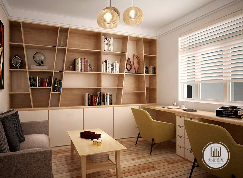 书房书柜采用实木材料，靠近窗户的书桌采用实木材料，靠墙的深色布艺小沙发搭配实木茶几。