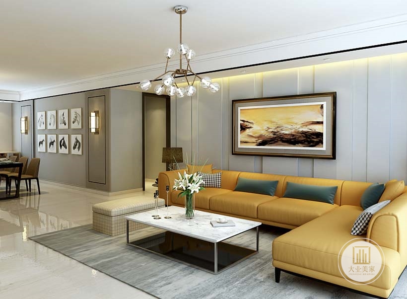 客厅沙发墙采用浅灰色实木板，墙面悬挂现代风景画装饰，沙发采用浅黄色真皮沙发，搭配白色茶几。