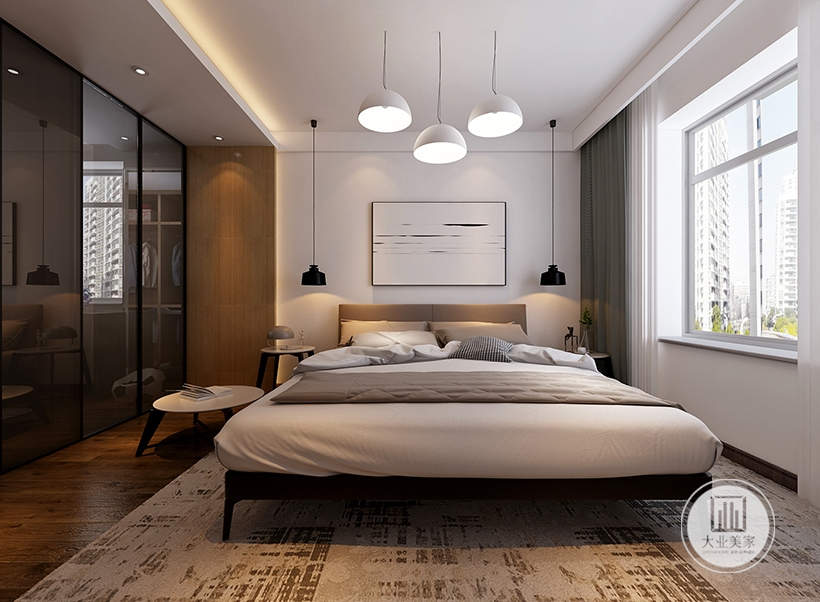 卧室的一侧采用黑框玻璃隔断，床头背景墙不做任何颜色装饰，墙面采用现代简约抽象画，床的两侧采用黑白实木床头柜